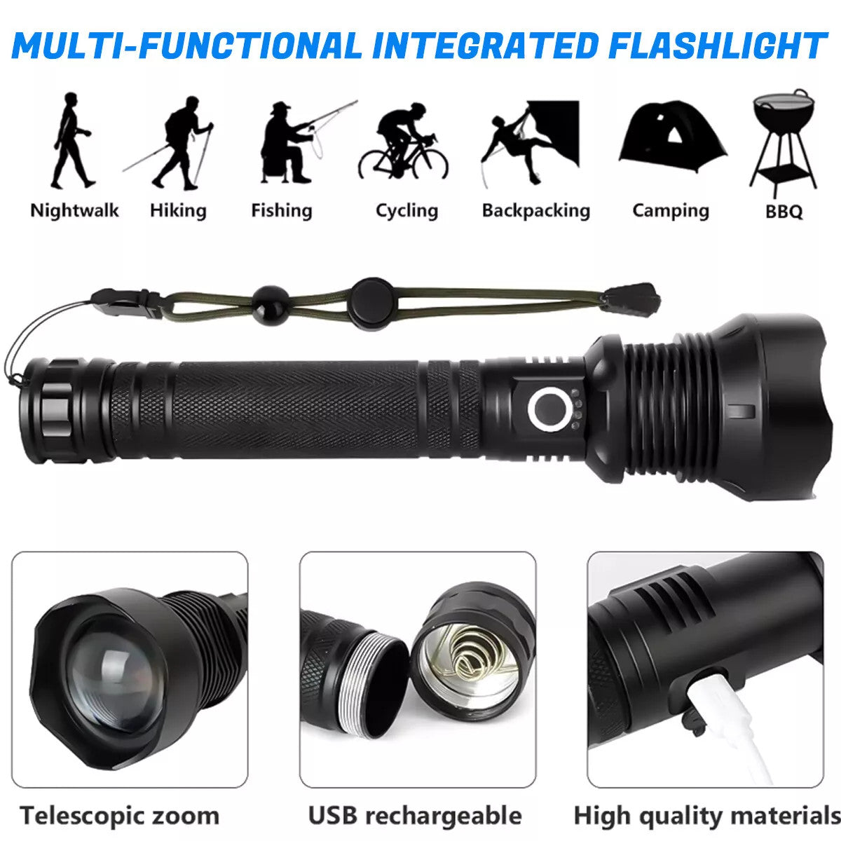 Rechargeable LED Tactical Flashlight with Zoom, 7 Modes & 1000ft Beam