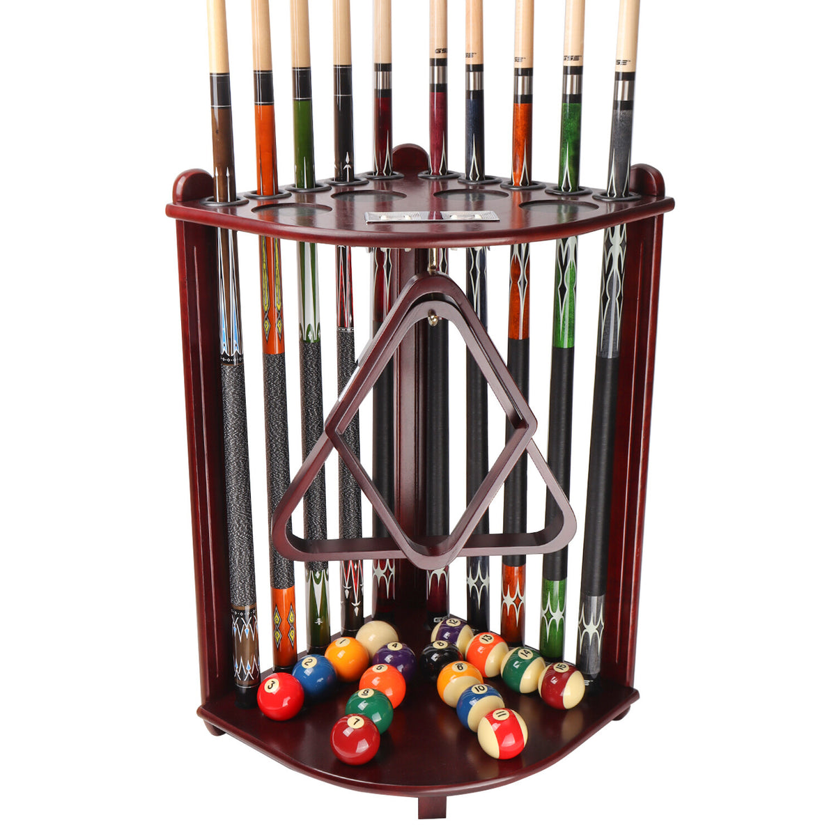10-Cue Corner Floor Pool Cue Rack, Solid Wood Stand with Score Counters