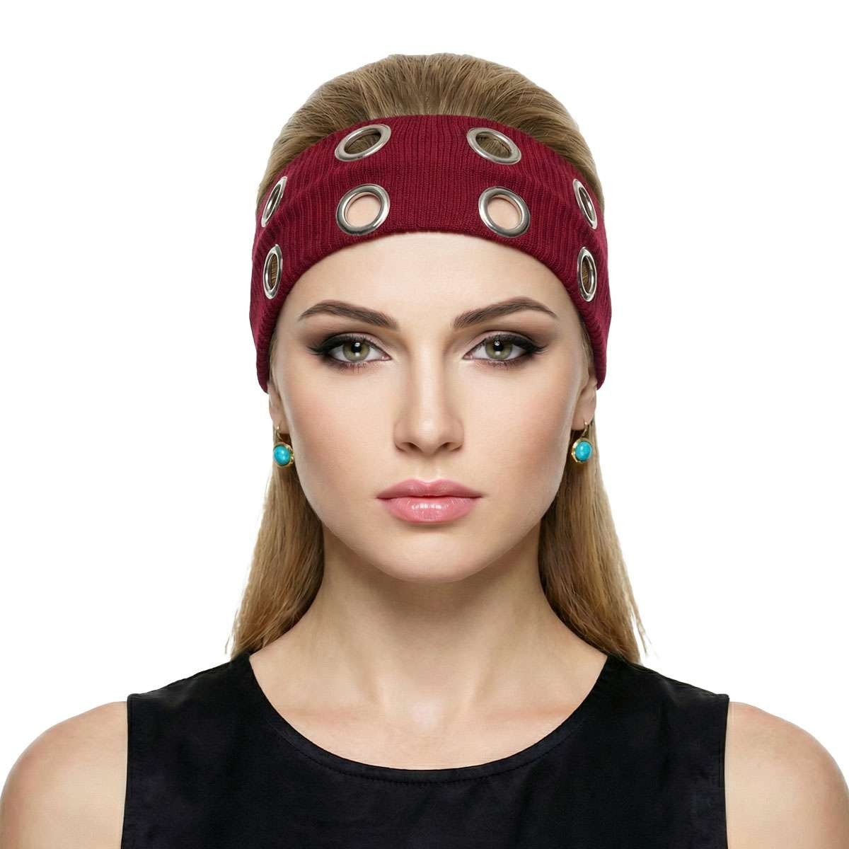 Wide Elastic Hair Band with Metal Grommets - Punk Edgy Headwear