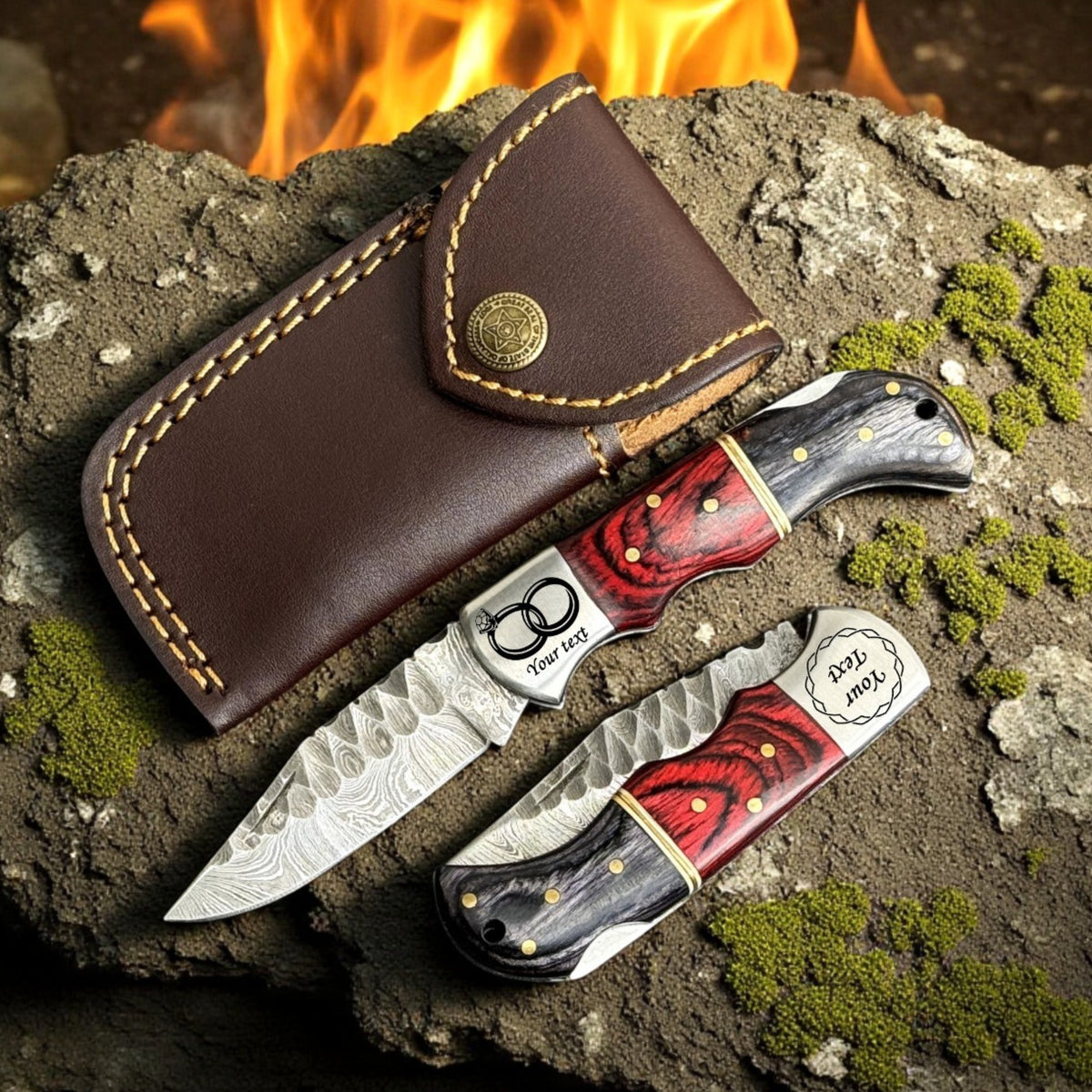 Personalized Damascus Folding Knife with Carved Blade and Leather Sheath