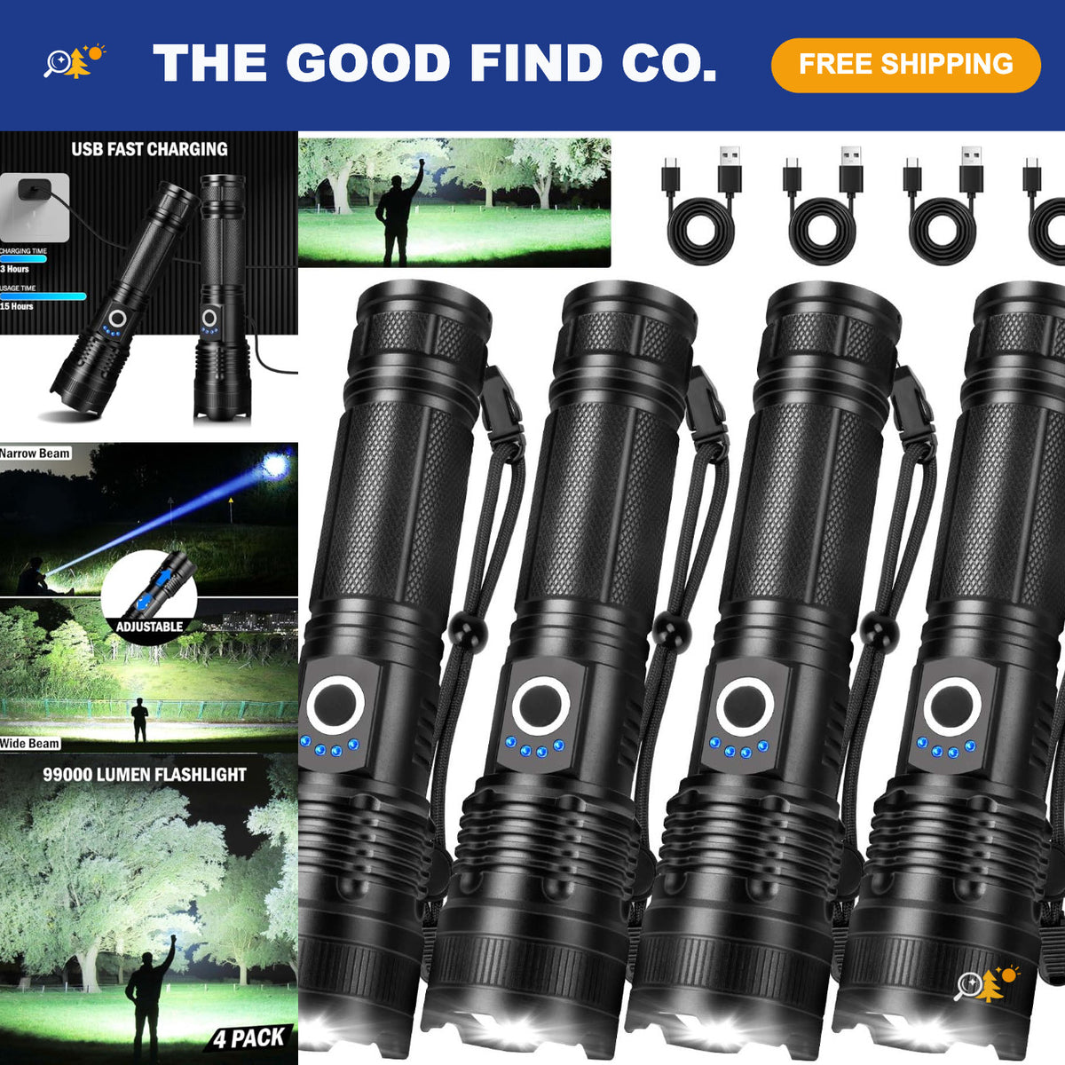 Rechargeable LED Flashlights 4 Pack - Waterproof High Lumens Outdoor Light