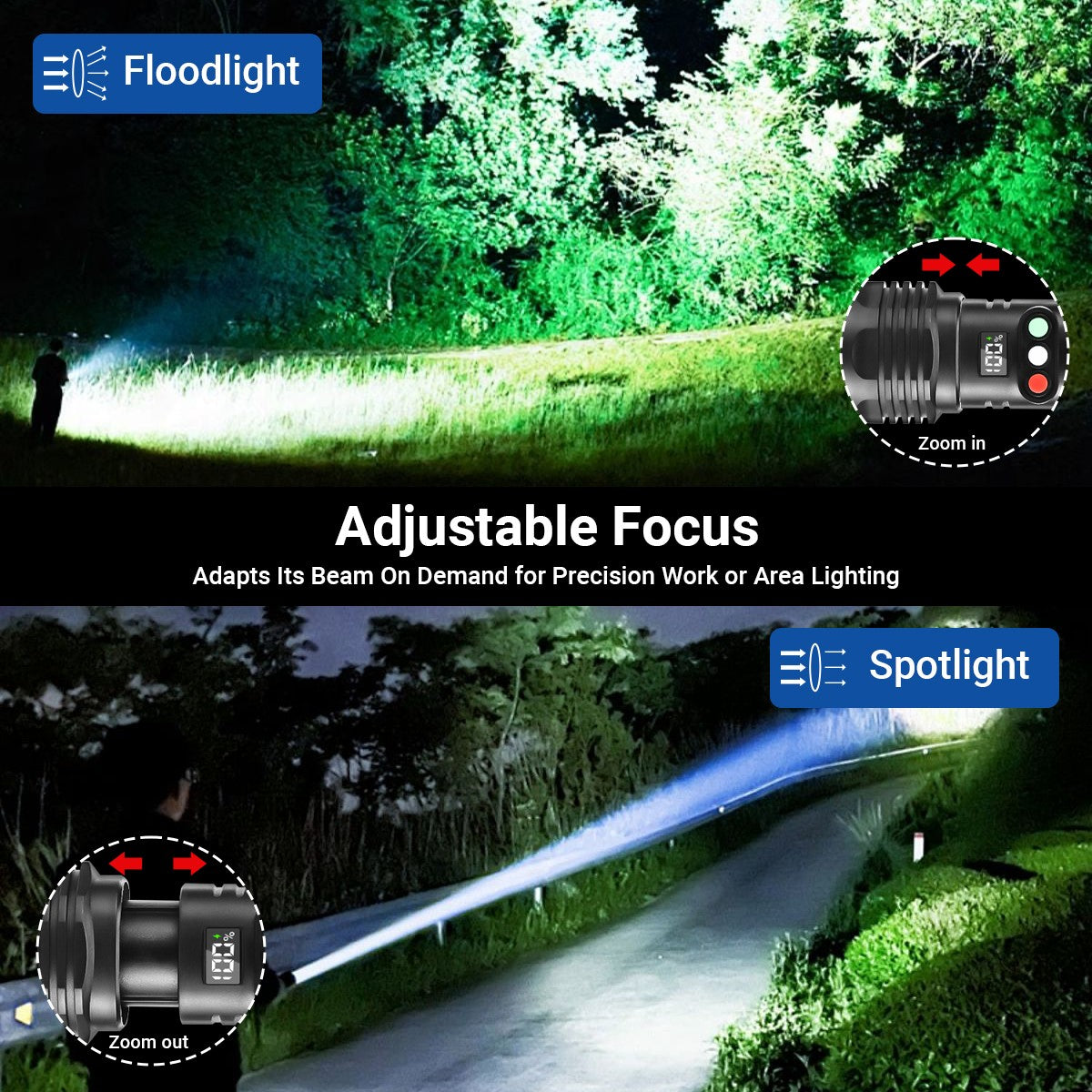 Rechargeable 990000LM LED Tactical Flashlight with 3 Colors & COB Work Light