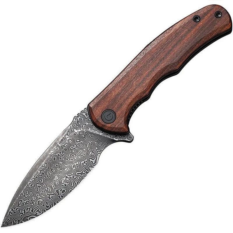 Mini Folding Knife with Damascus Blade and Wood Handle - 2.98 Inch Drop Point