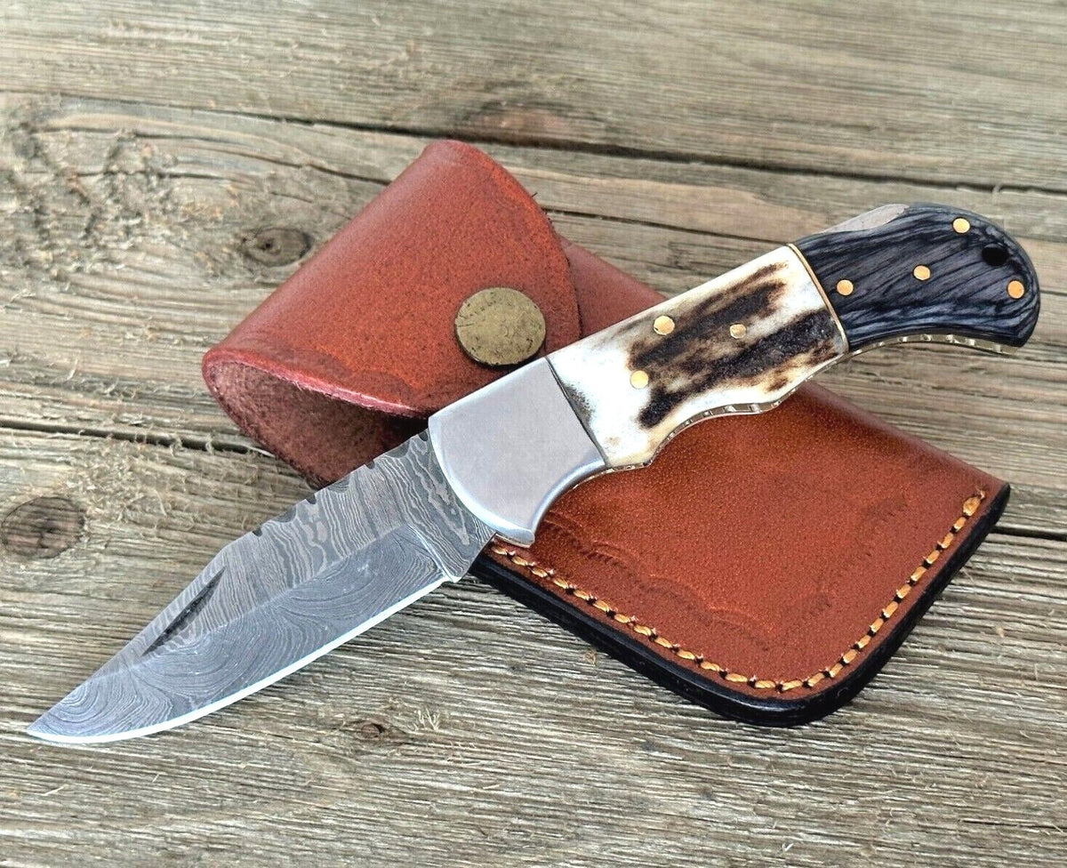 Handmade Damascus Folding Knife with Multiple Color Variants
