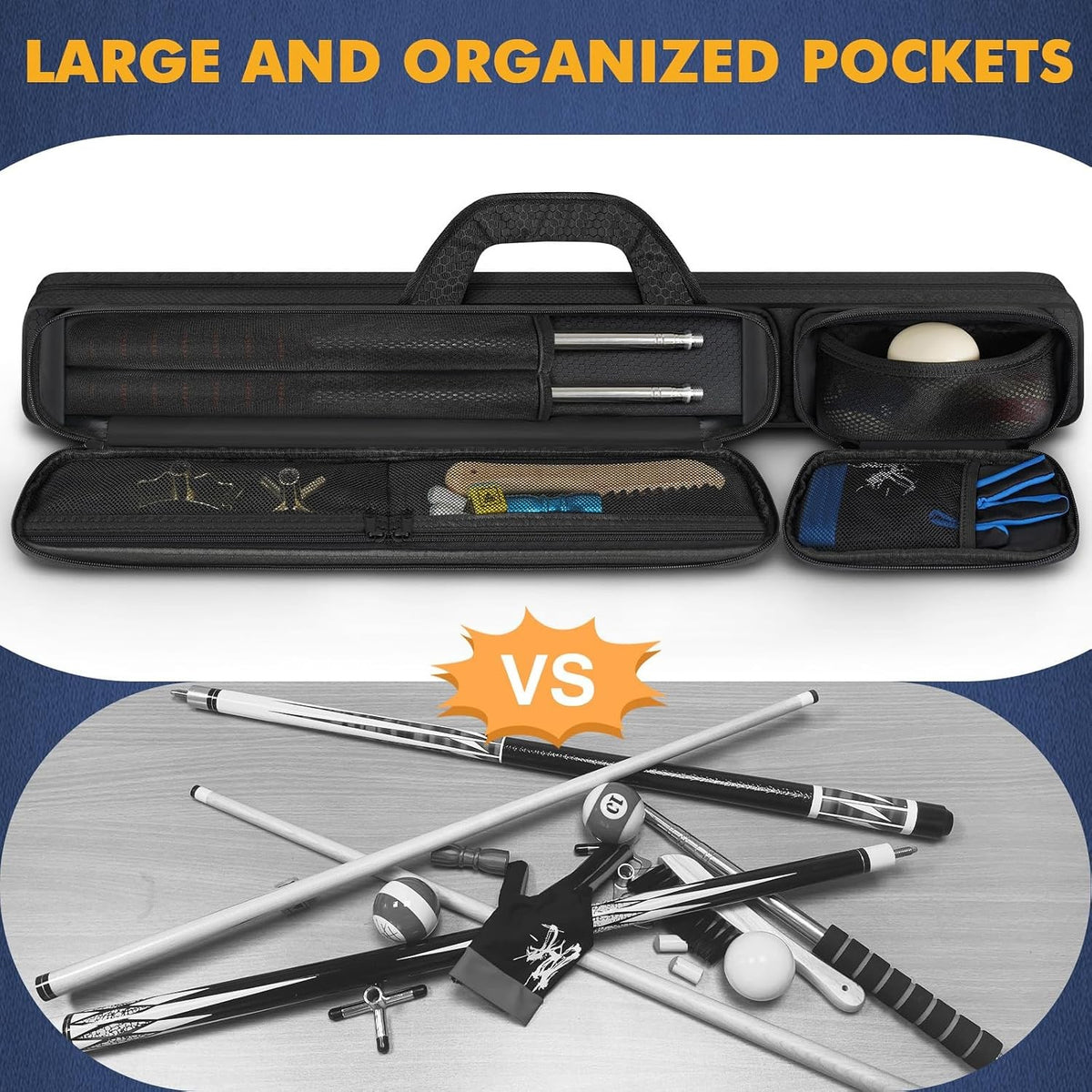 Pool Cue Case 2x2 Holds 2 Cues & 2 Accessories, 600D Polyester