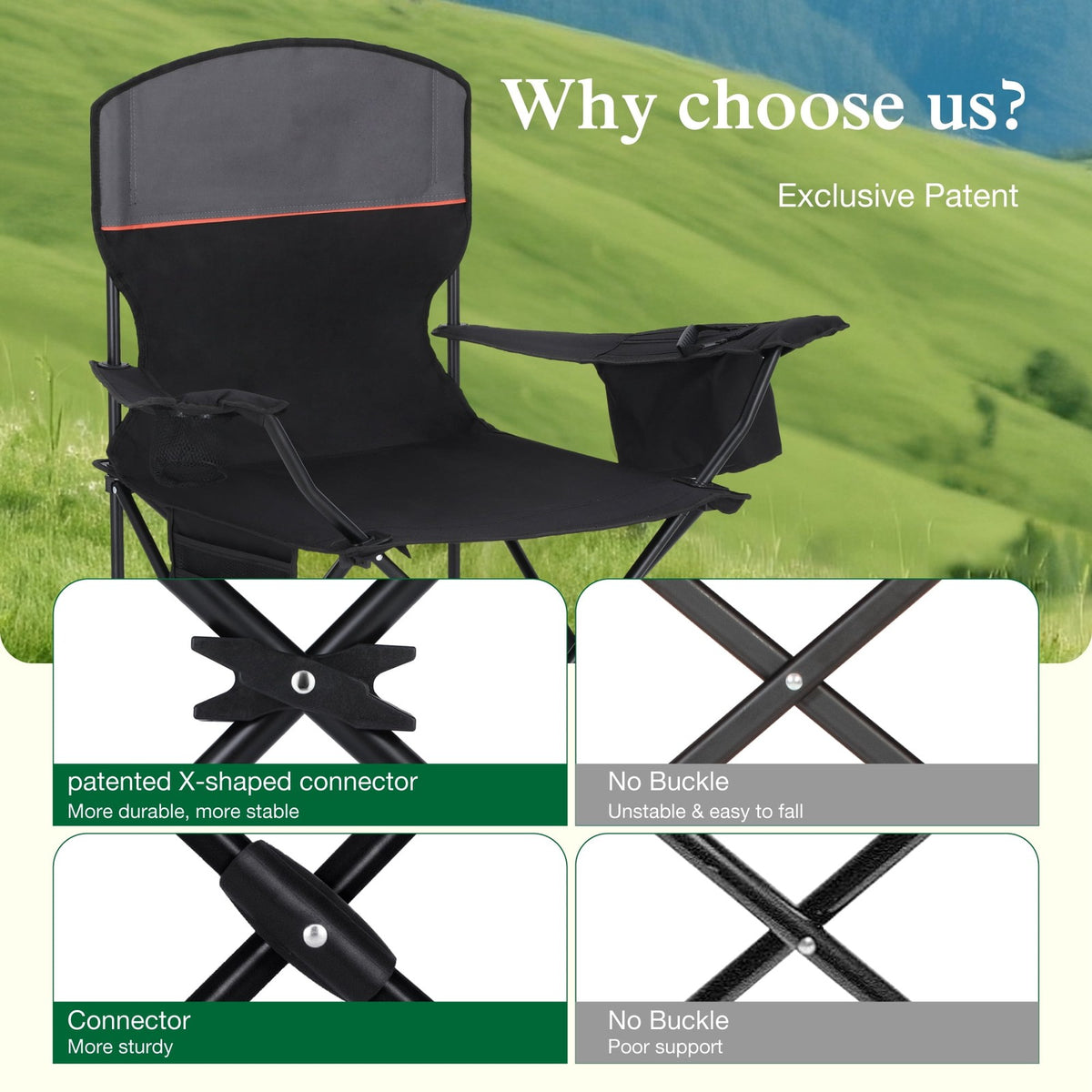 Portable Camping Chairs 2-Pack with Cooler Bag & Side Pocket, Folding Outdoor Seating