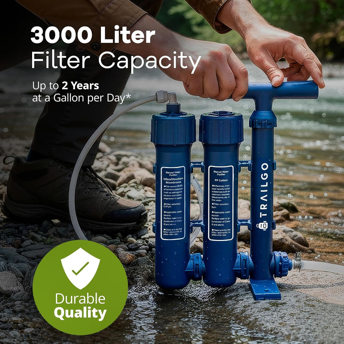 Portable Water Filter Pump for Camping Survival - 1.5L/min, 3000L Capacity