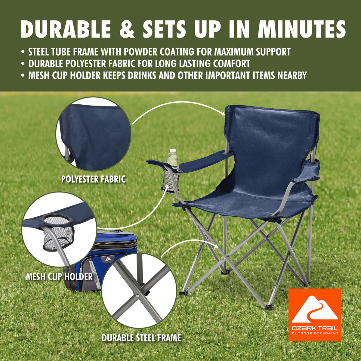 Quad Folding Camping Chair with Cup Holder - Dark Blue, Supports 250 lbs