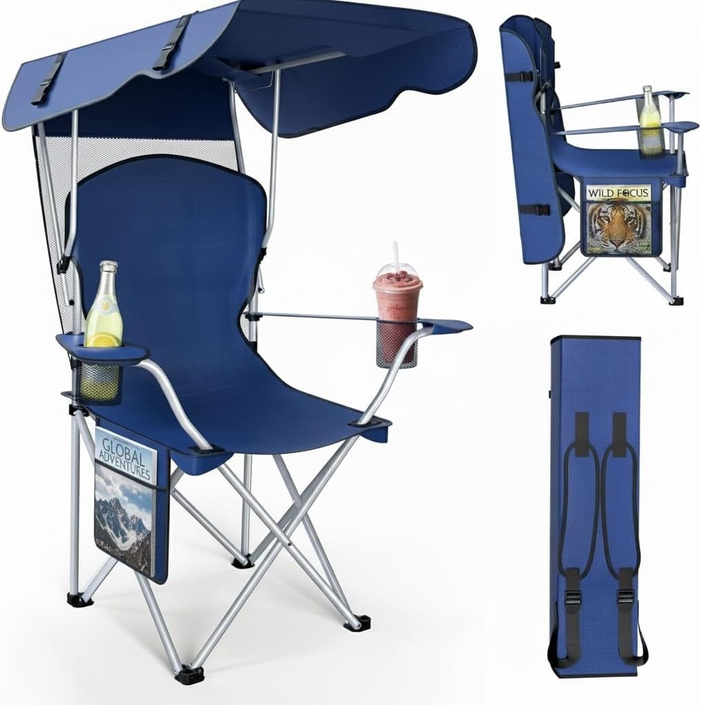 Portable Camping Chair with Canopy Sun Shade and Carrying Straps
