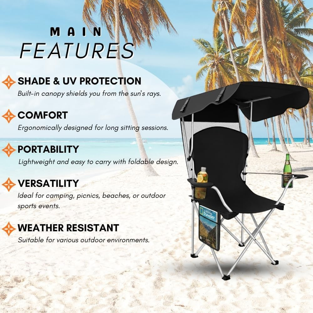 Portable Folding Camping Chair with Canopy and Sun Shade for Outdoor Use