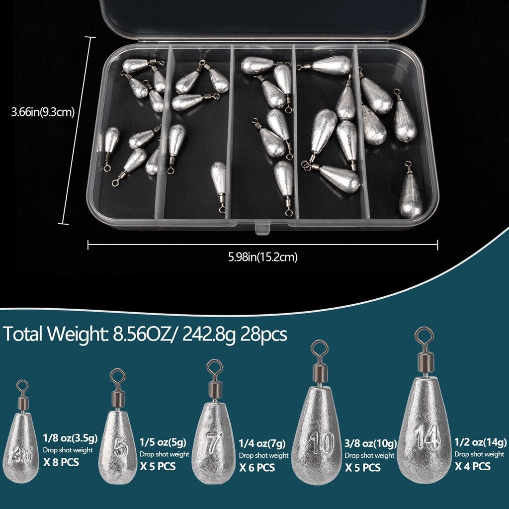 28pcs Fishing Sinkers Kit Lead Drop Shot Weights for Bass Casting and Vertical Fishing