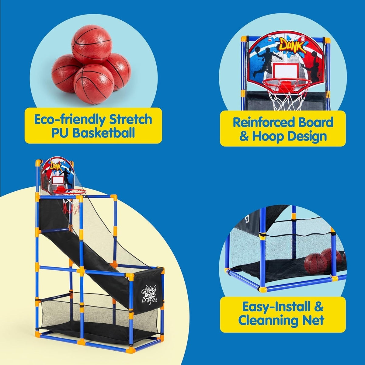 Basketball Arcade Game with 4 Balls and Rim – Adjustable Indoor/Outdoor Play for Ages 3-12