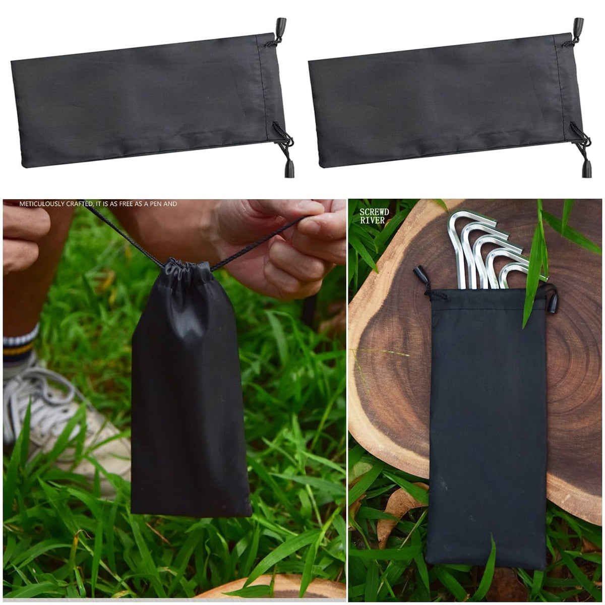 6 Pack Aluminum Tent Stakes Bag with Drawstring Storage Pouch - Camping Gear Organizer