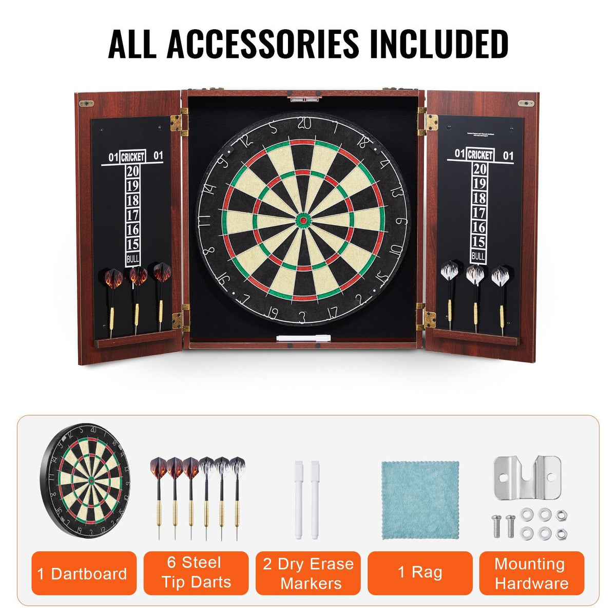 Official-Size Dartboard Cabinet Set with 18" Dartboard, 6 Steel Tip Darts