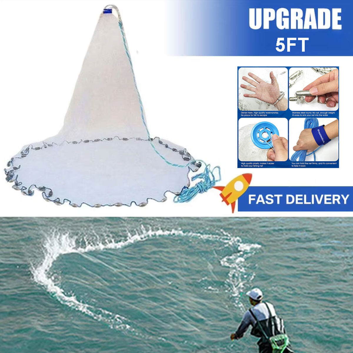 5FT Casting Net for Fishing Bait - Easy Throw Strong Mesh 3/8in
