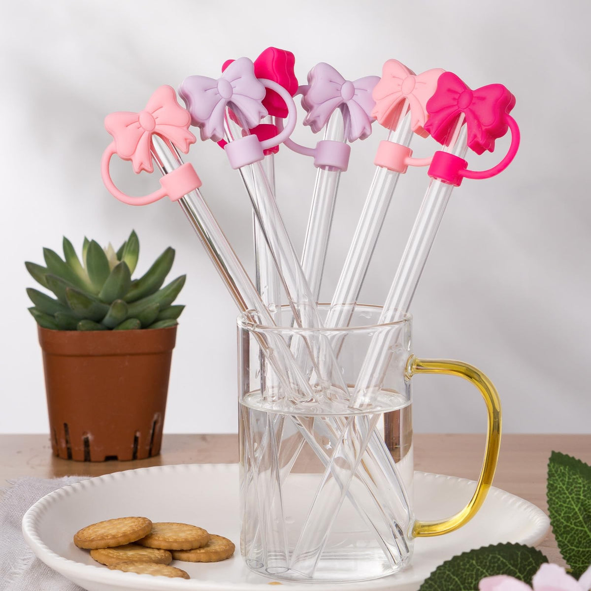 6PCS Pink Bow Straw Covers for Stanley 30oz & 40oz Tumblers Dustproof Drink Accessories