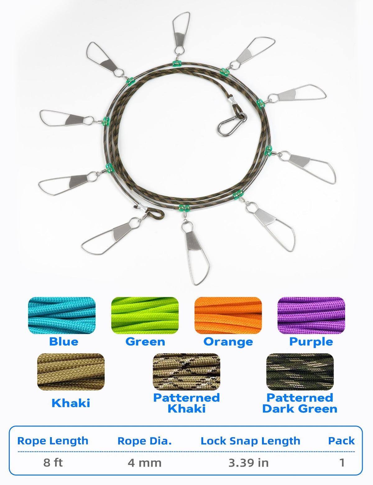 8ft Fishing Stringer with Stainless Steel Lock Snaps for Catch Organization