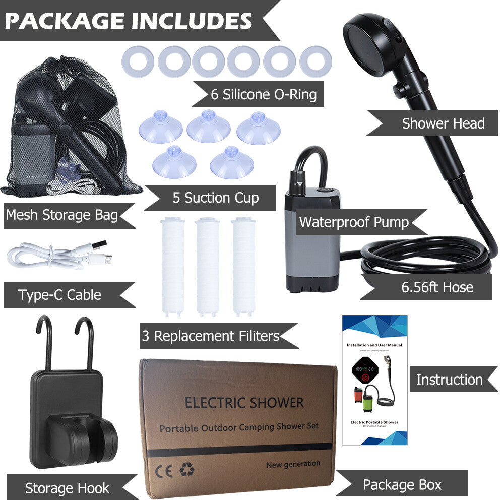 Portable Camping Shower Pump with 6000mAh Battery, Adjustable Water Modes