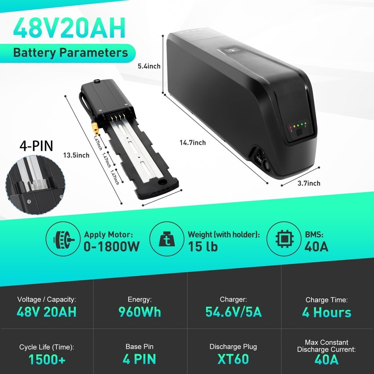 Electric Bike Battery 36V/48V 10Ah/15Ah/20Ah with 4Pin/5Pin Connector – Universal eBike Power Pack