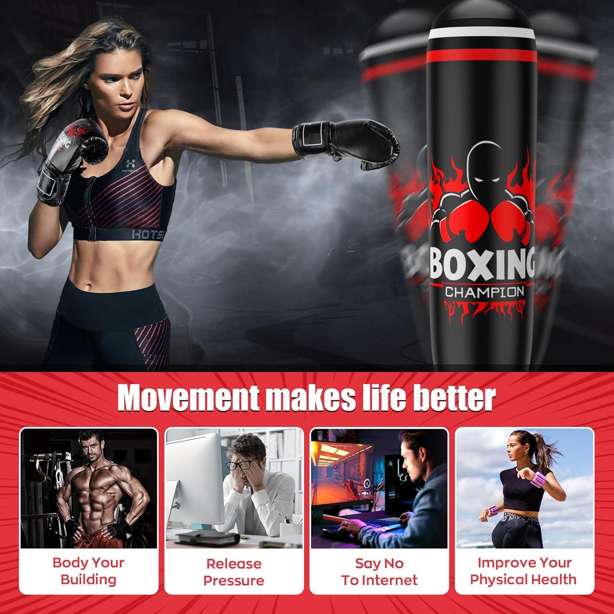 Adult Freestanding Boxing Punching Bag with Stand 70 Inch Heavy Bag with Gloves & Pump