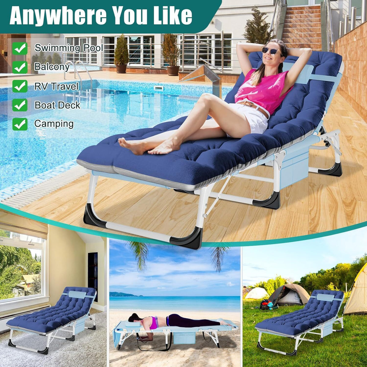 Heavy Duty Tanning Chair with Face Hole - Adjustable Folding Outdoor Lounge Bed