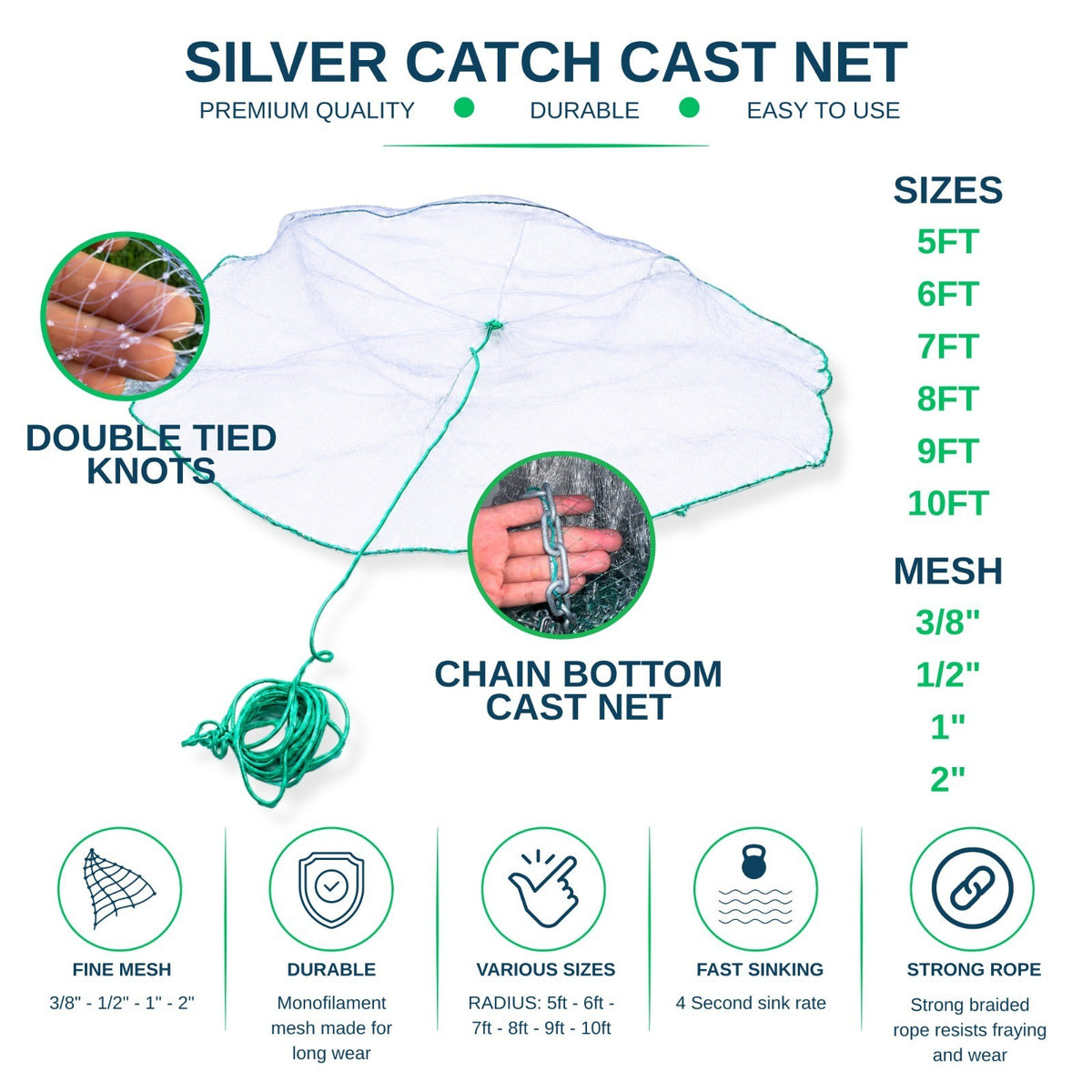 Cast Net for Bait Fishing Monofilament Nylon Heavy-Duty 3/8" Mesh, Multiple Sizes