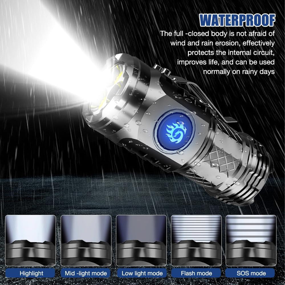 Mini Waterproof Rechargeable LED Flashlight - Compact Camping Light with Magnetic Clip