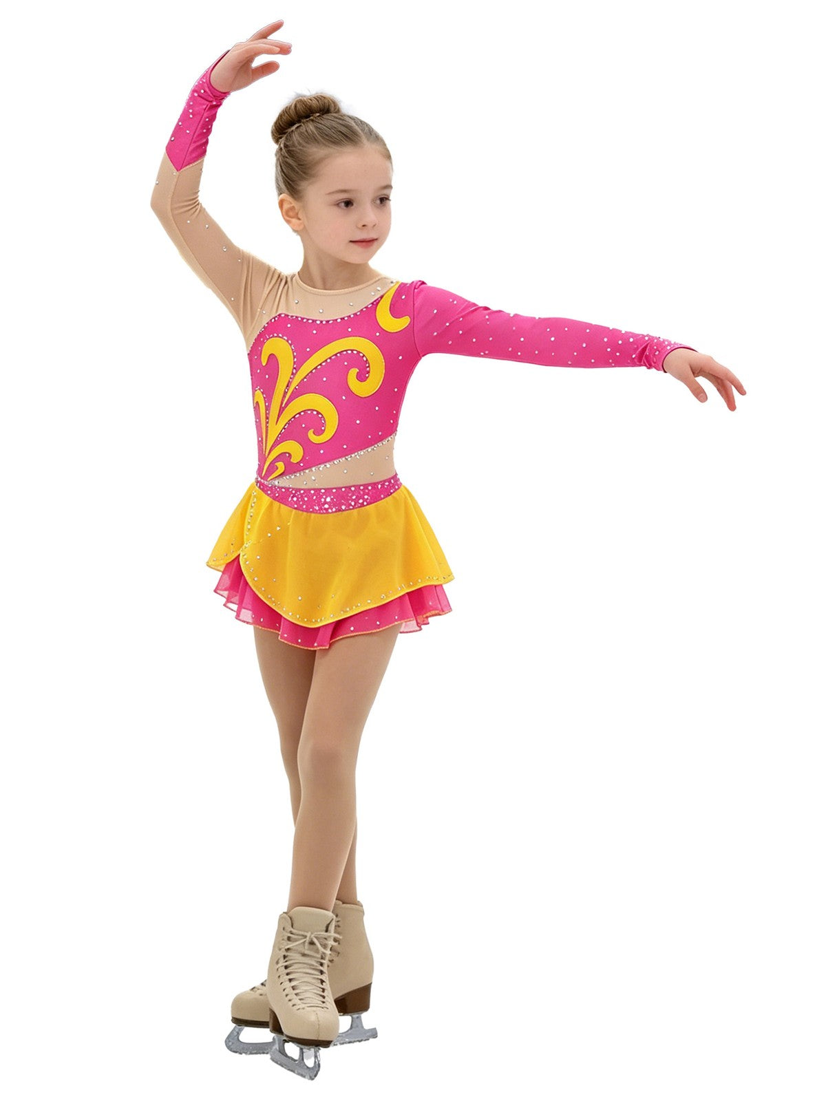 Girls Figure Skating Dress Long Sleeve Rhinestone Mesh Ice Skating Competition