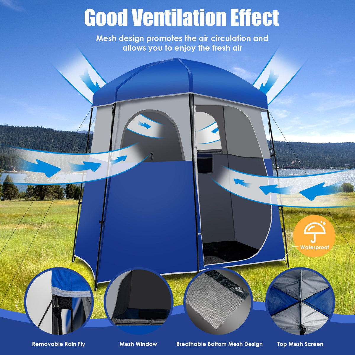 Double Room Camping Shower Tent with Storage Bag - Waterproof & Oversized