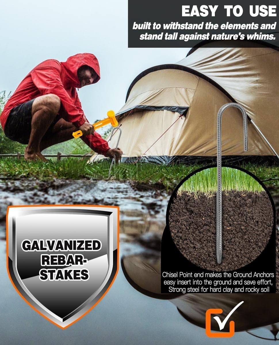 Heavy Duty Rebar Stakes 12 Inch Ground Tent Stakes with Hook - Galvanized Steel
