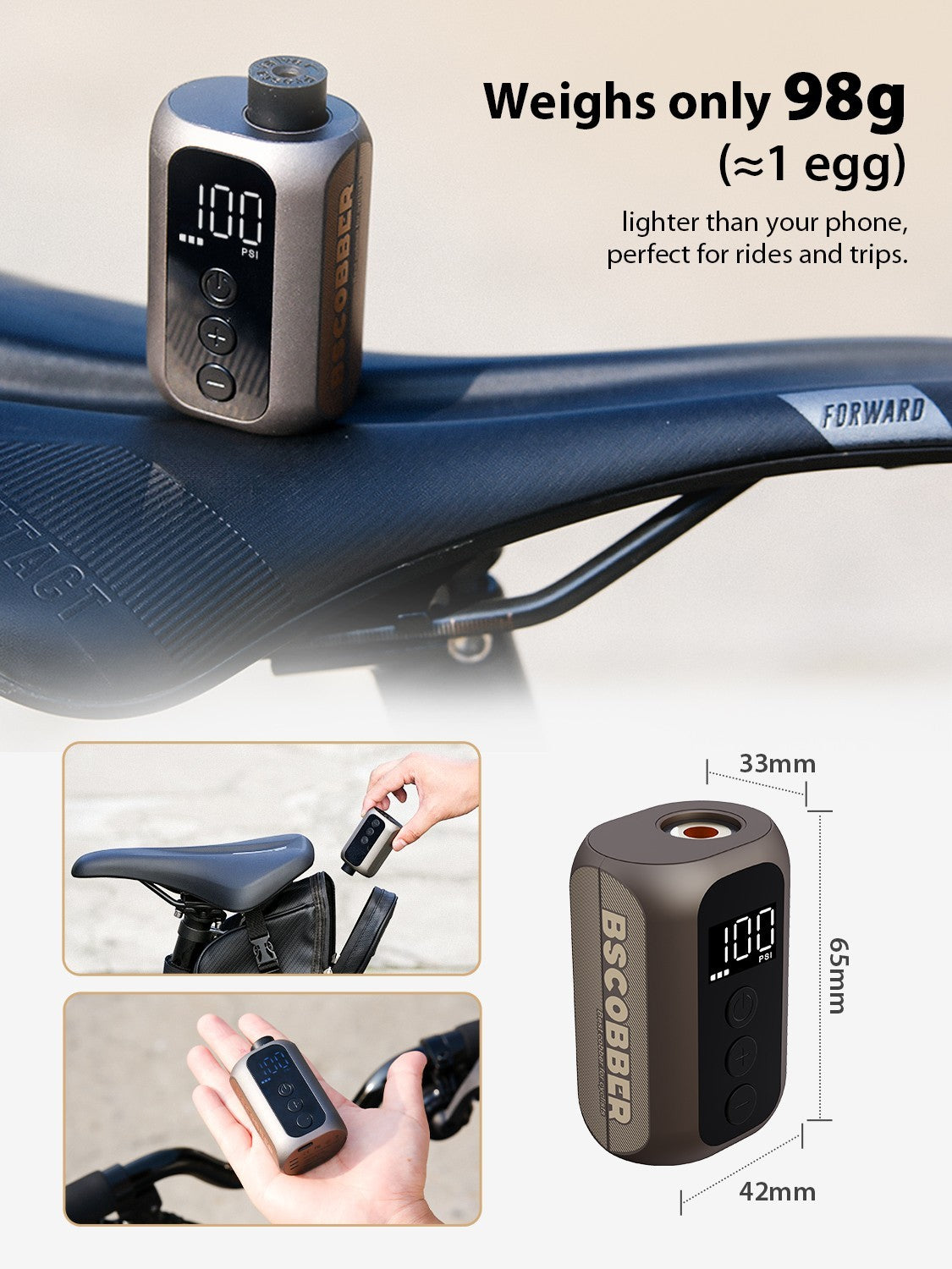 Mini Electric Bicycle Pump 100PSI Portable Cordless Inflator with Digital Screen