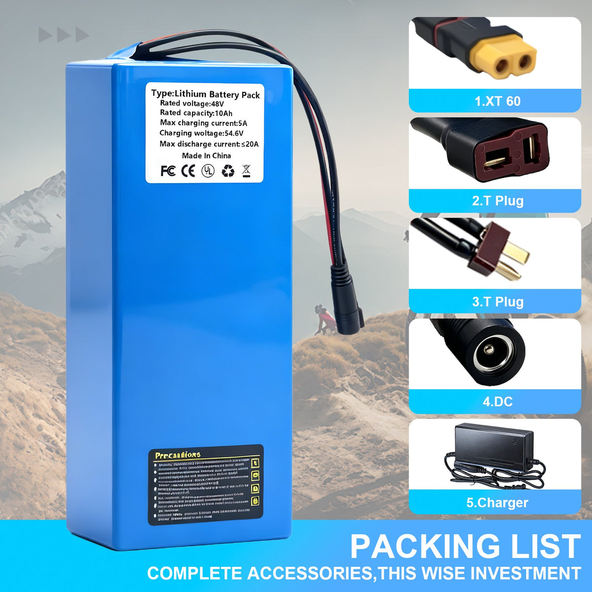 48V 10Ah Lithium Battery Pack for E-bike 100W-1000W Motor - Rechargeable