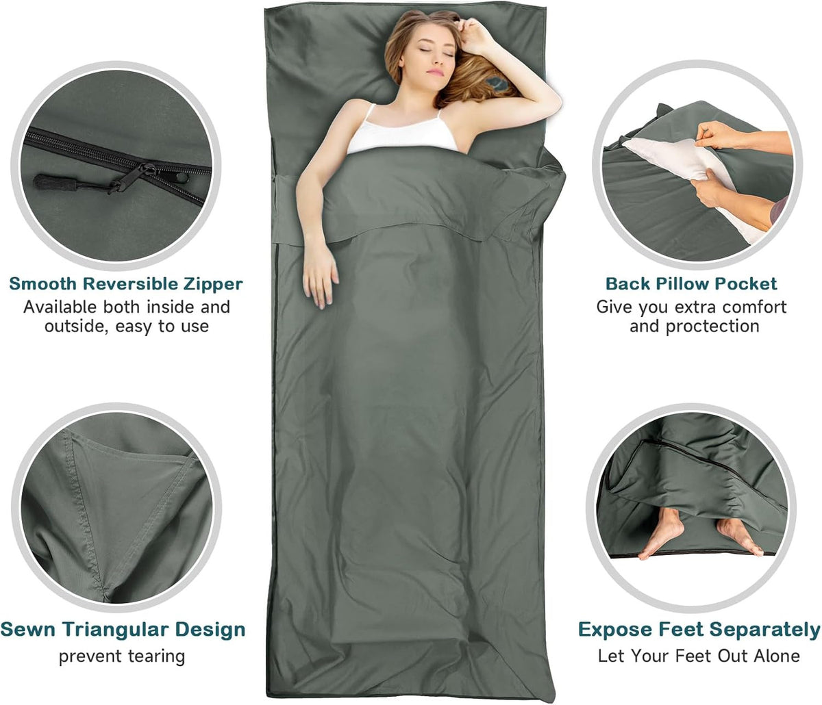 Ultralight Sleeping Bag Liner with 2-Way Zipper and Pillow Pocket - Compact Travel Sheet