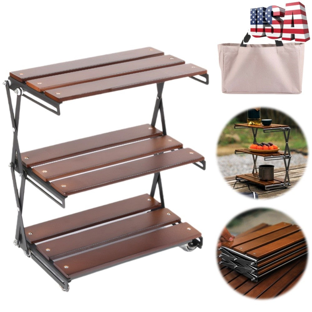 3-Tier Portable Camping Storage Rack Foldable Wooden Countertop Organizer