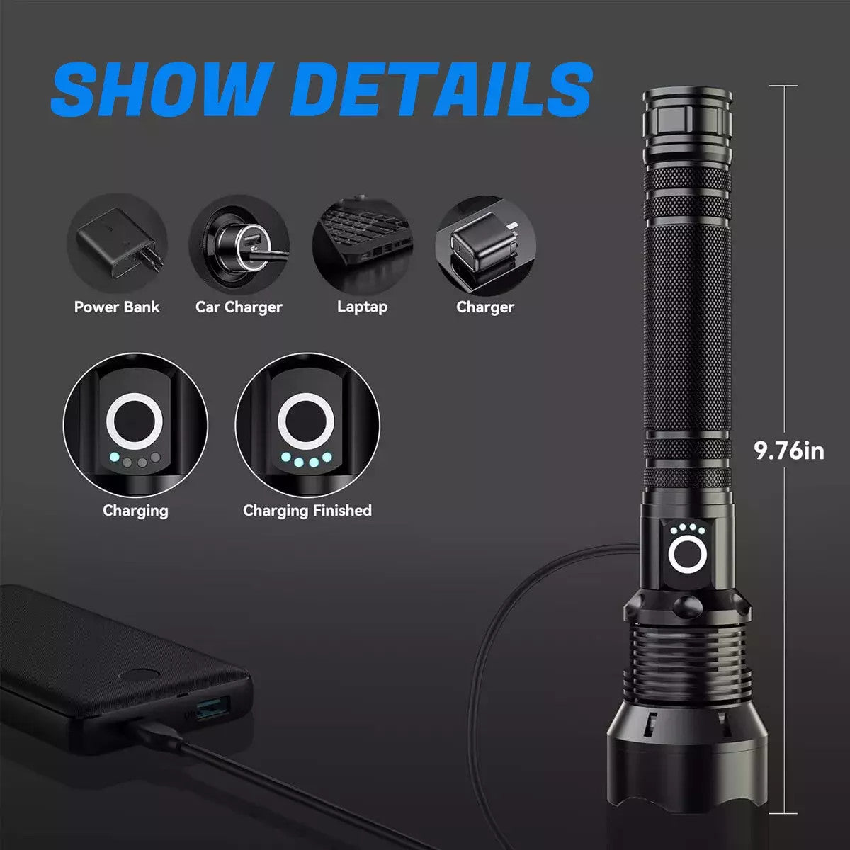 1200000LMS Super Bright Rechargeable LED Flashlight with Zoom, IPX7 Waterproof, Tactical Torch