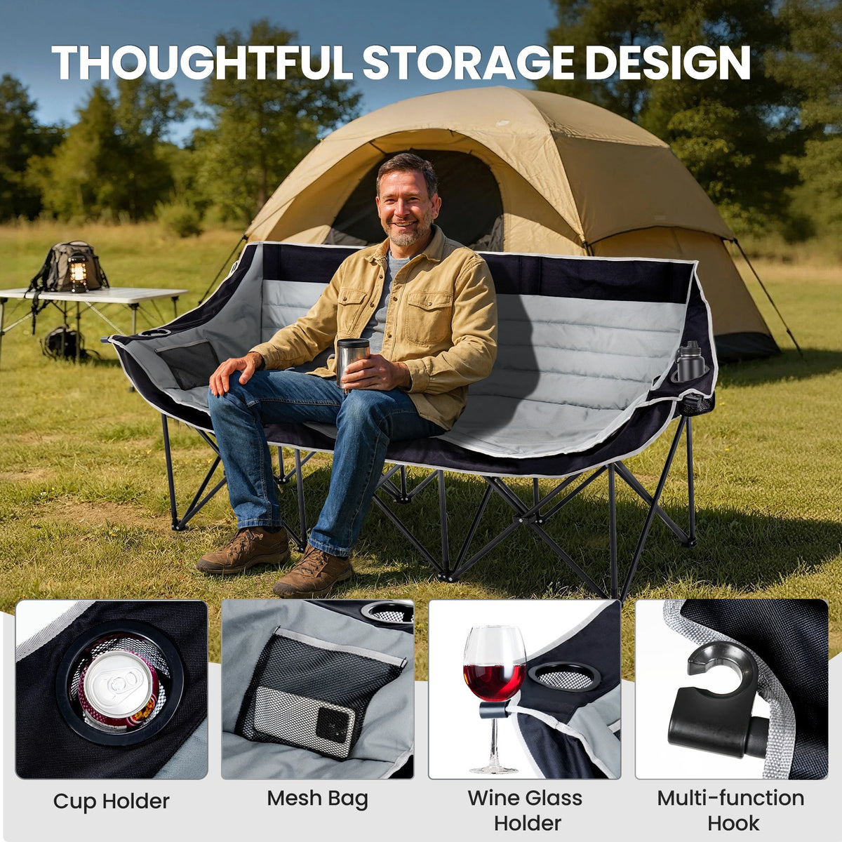 Oversized 3-Person Camping Chair with Cup Holders and Side Pockets