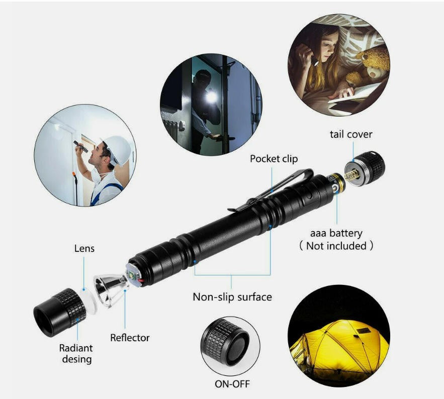 Mini LED Flashlight Torch Penlight for Camping Hiking and Dental Use - 2 Pack