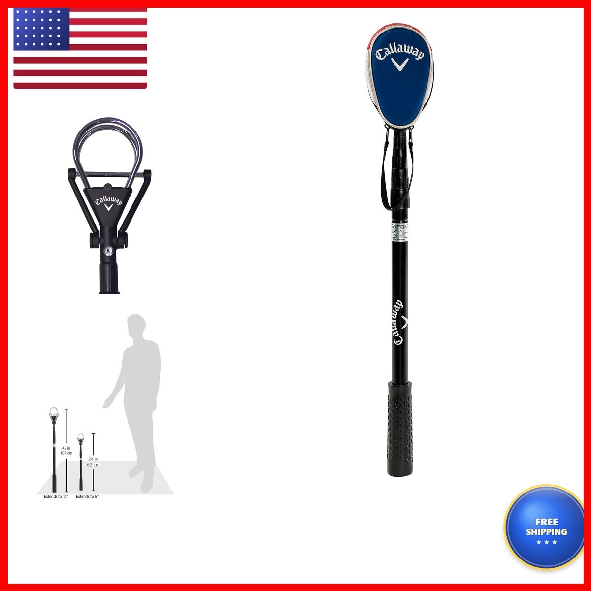 Telescopic Golf Ball Retriever 6 Feet Water Hazard Aid with Dual-Zip Headcover