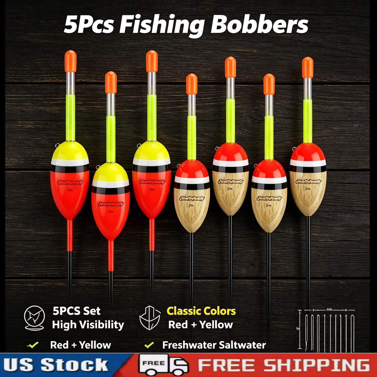 Lighted Fishing Floats Set with Glow Sticks for Night Fishing - 5 Pcs