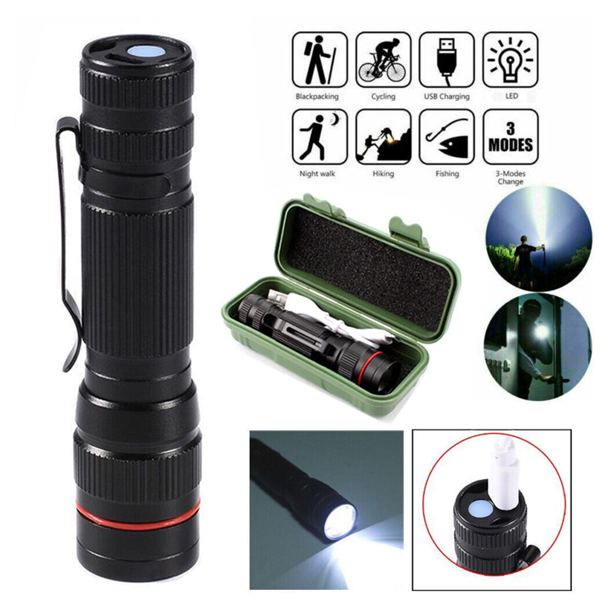 High Lumens Rechargeable LED Tactical Flashlight with Zoom, 95000000LM