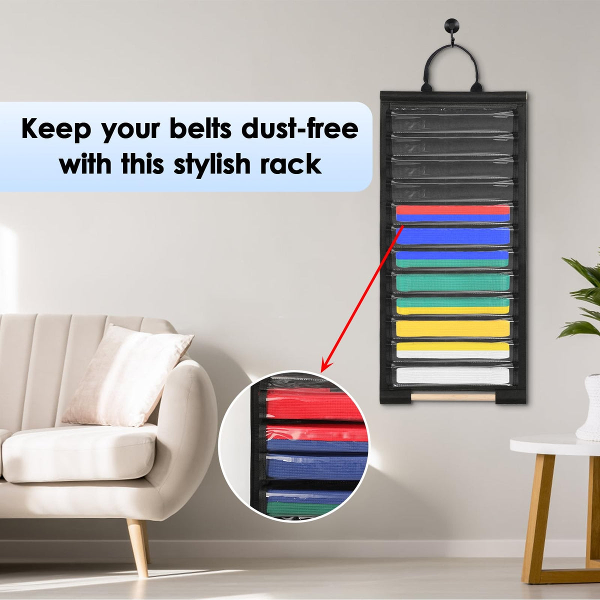 Wall-Mounted 12-Belt Display Rack with Dust-Free Slot Shelves, Martial Arts Organizer