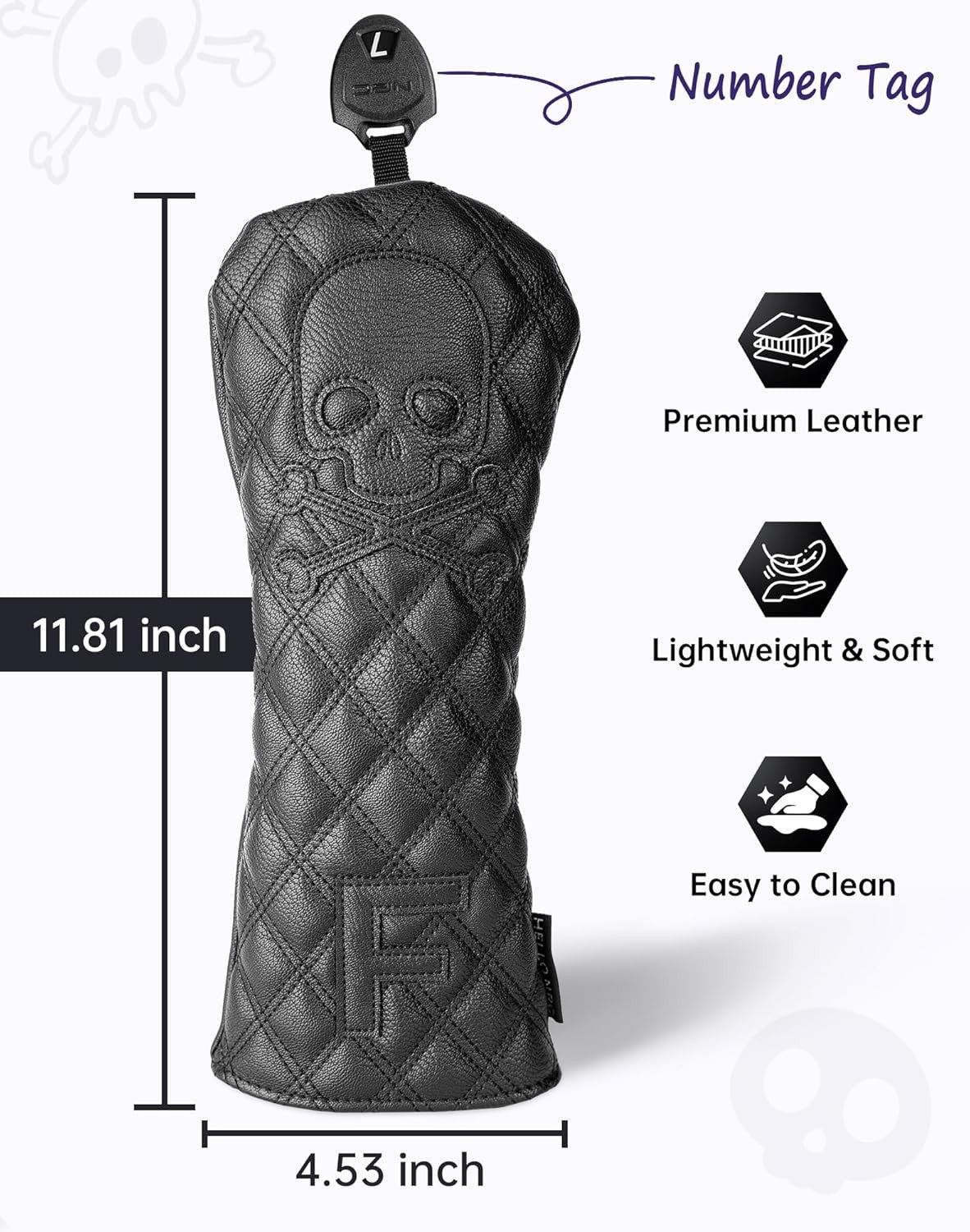 Golf Club Headcover Set with Skull Design - Fits Driver, Fairway, Hybrid, Waterproof Leather