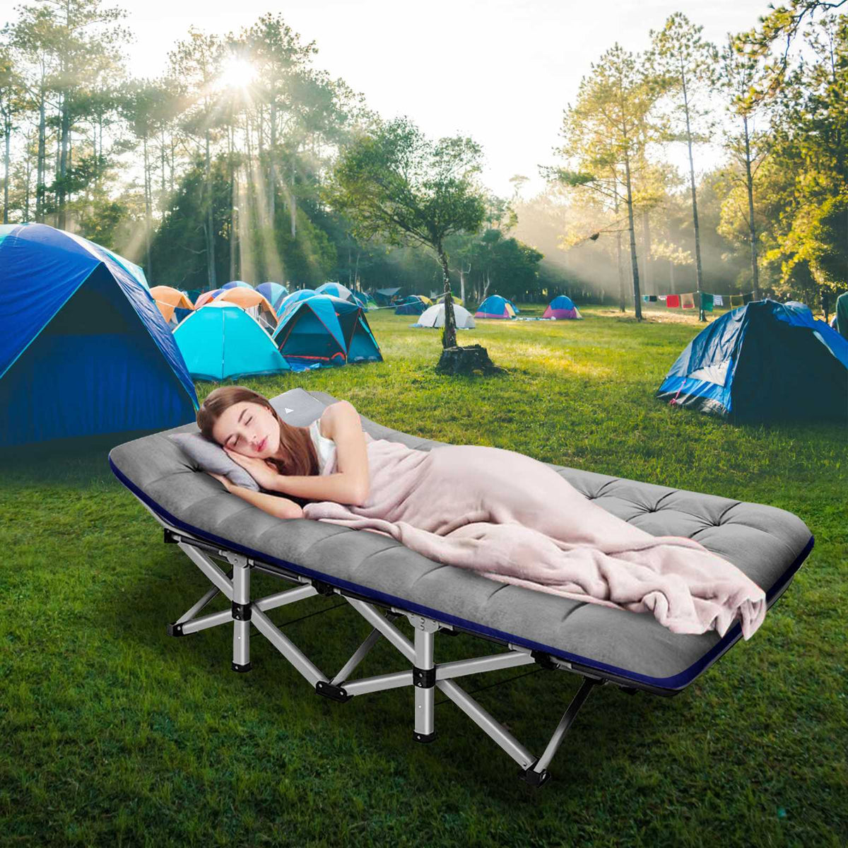 Portable Camping Cot with Foldable Design, 2-Side Mattress & Storage Bag