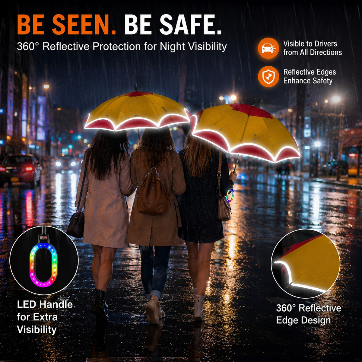 All-In-One Smart LED Safety Umbrella with SOS & White Light - Reflective, Water-Resistant, Hands-Free Handle