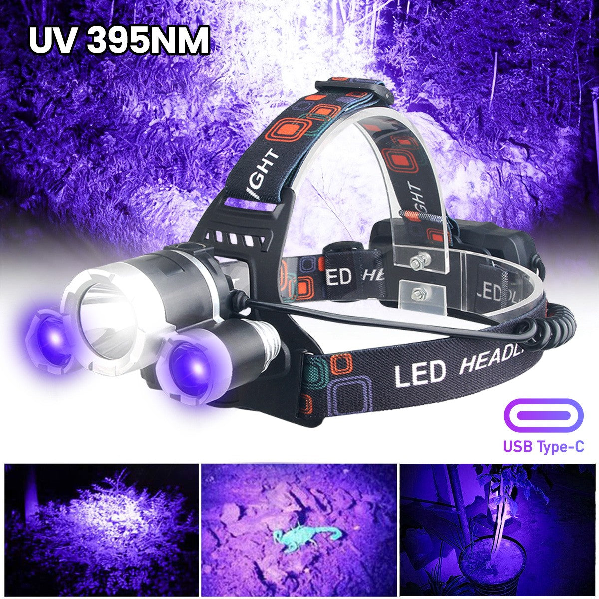 Rechargeable LED Headlamp with UV & White Light, 4 Modes, 300M Brightness