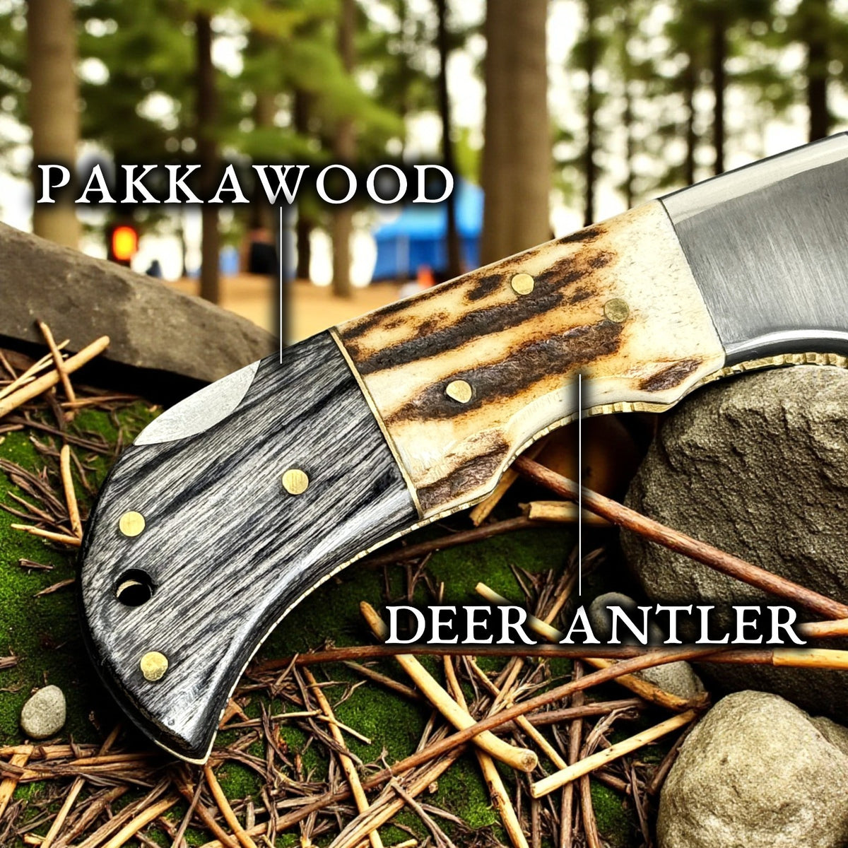 Custom Damascus Folding Knife with Stag Horn & Pakkawood Handle