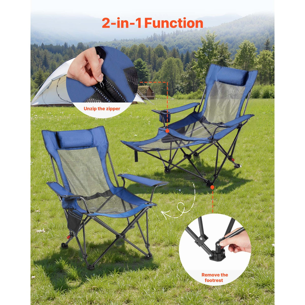 Heavy-Duty Portable Folding Camping Chair with Recline and Footrest - Blue