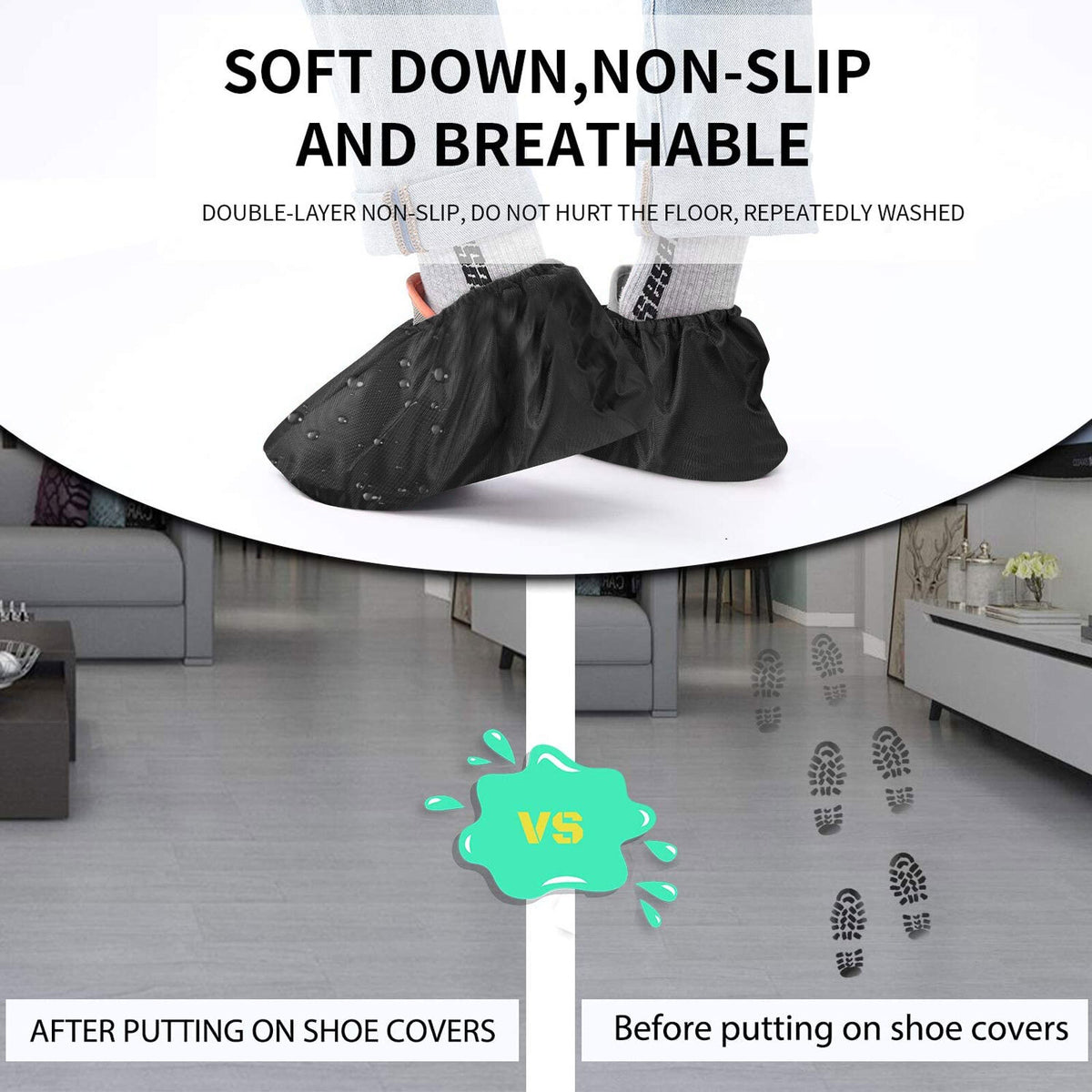 Waterproof Reusable Shoe Covers with Non-Slip Soles - Fits Up to US Men’s Size 10