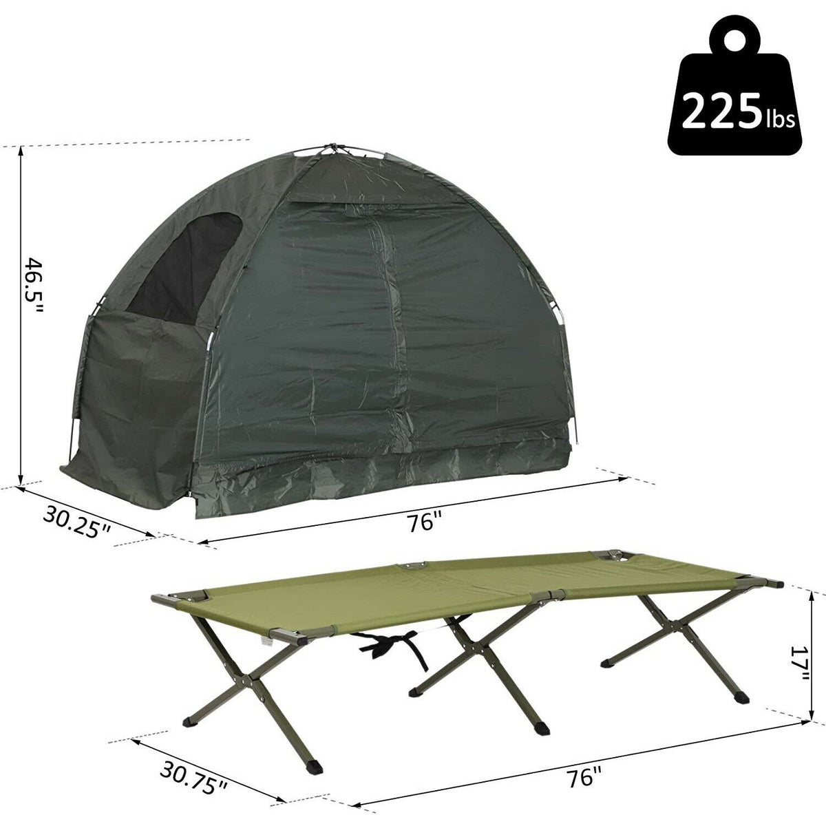 Single Person Camping Tent Cot Combo - Portable Foldable Tent and Cot in Green