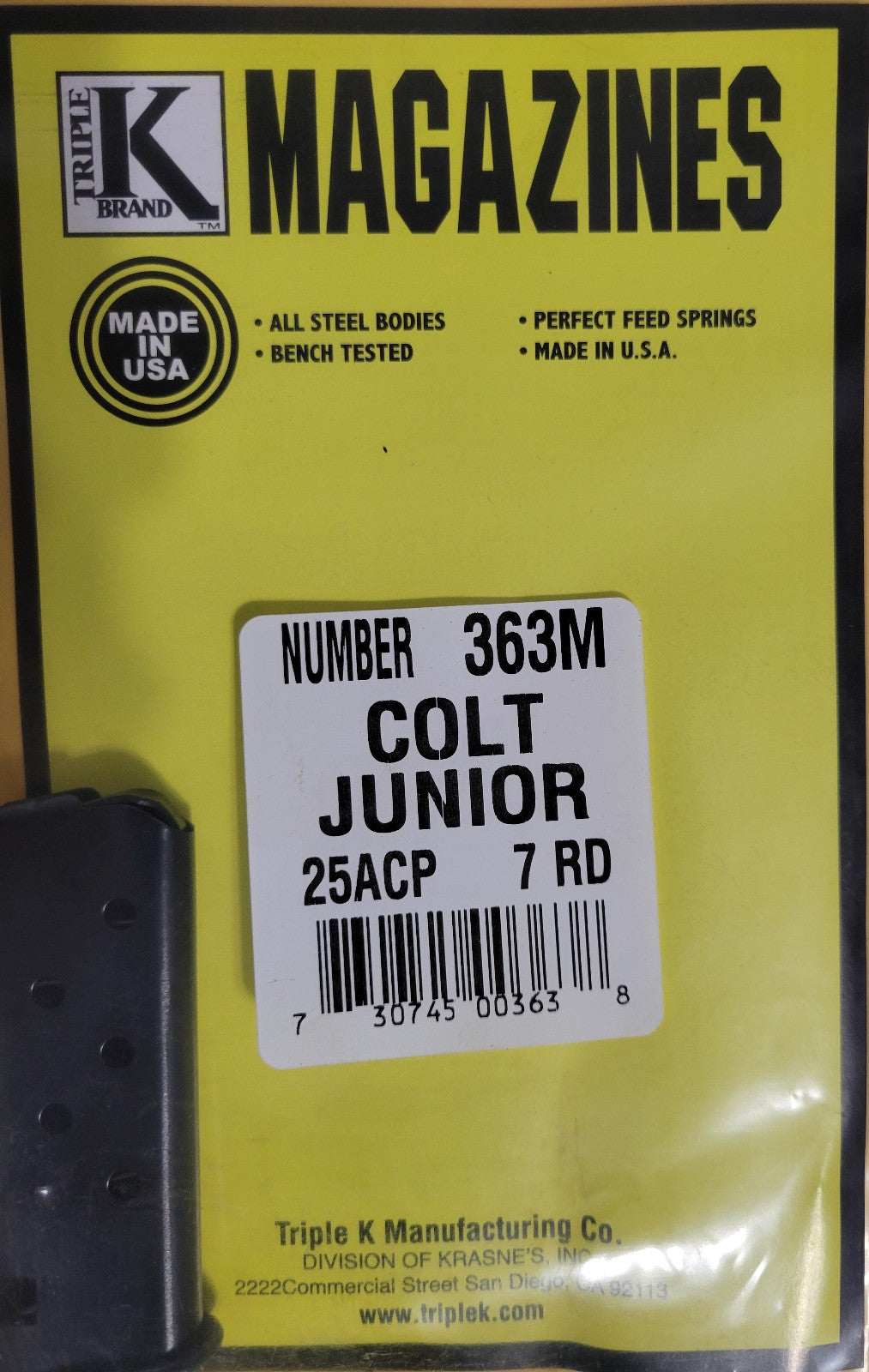 Colt Junior 25ACP 7-Round Magazine - Triple K #363M, New